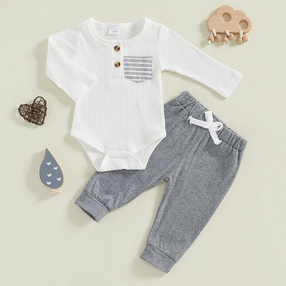 fhutpw Baby Boy Clothes 3 6 12 18 Months Ribbed Knitted Long Sleeve Romper and Pants Sets Newborn Fall Splicing Color Outfits