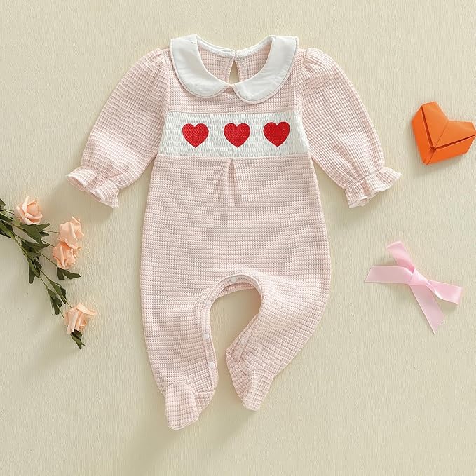 Gaono Newborn Baby Girl Romper Waffle Knit Striped Long Sleeve Doll Collar Heart Bow Jumpsuit Bodysuit Fall Winter Clothes