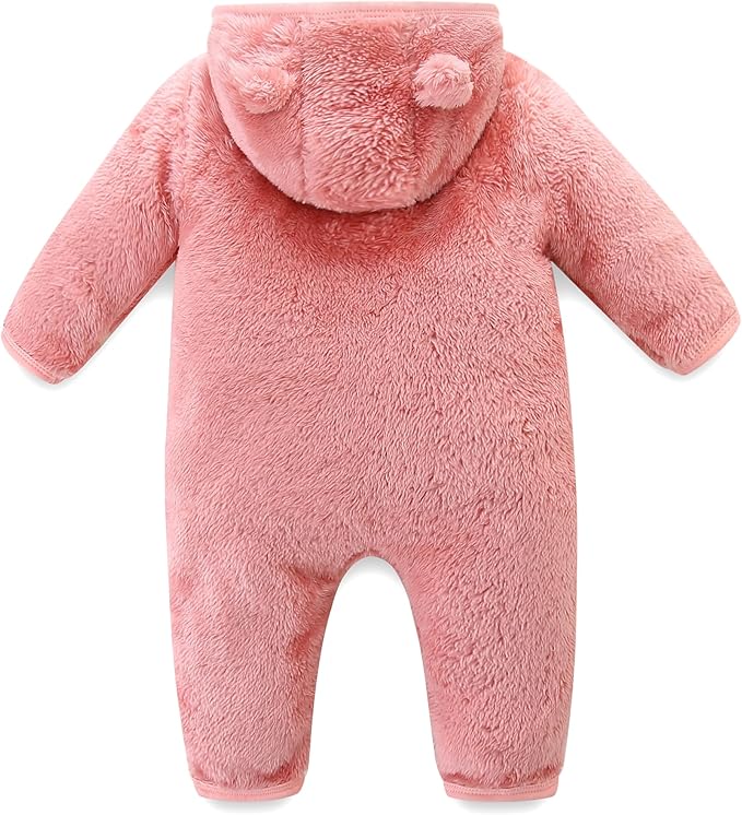 Newborn Baby Fleece Jumpsuit Unisex Infant Bear Hooded Onesie with Mitten Cuffs Winter Warm Snowsuit Outfit