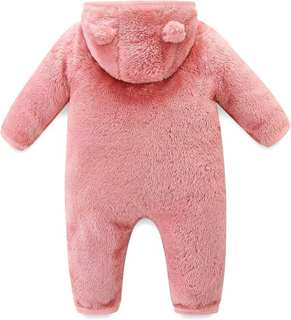 Newborn Baby Fleece Jumpsuit Unisex Infant Bear Hooded Onesie with Mitten Cuffs Winter Warm Snowsuit Outfit