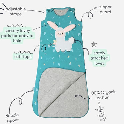 Unisex Organic Cotton Sleep Sack with attached Security Lovey for Self Soothing - Baby Wearable Blanket for Newborn Infant Shower Gifts (Llama, 6-18 Months, 1.0 Tog)