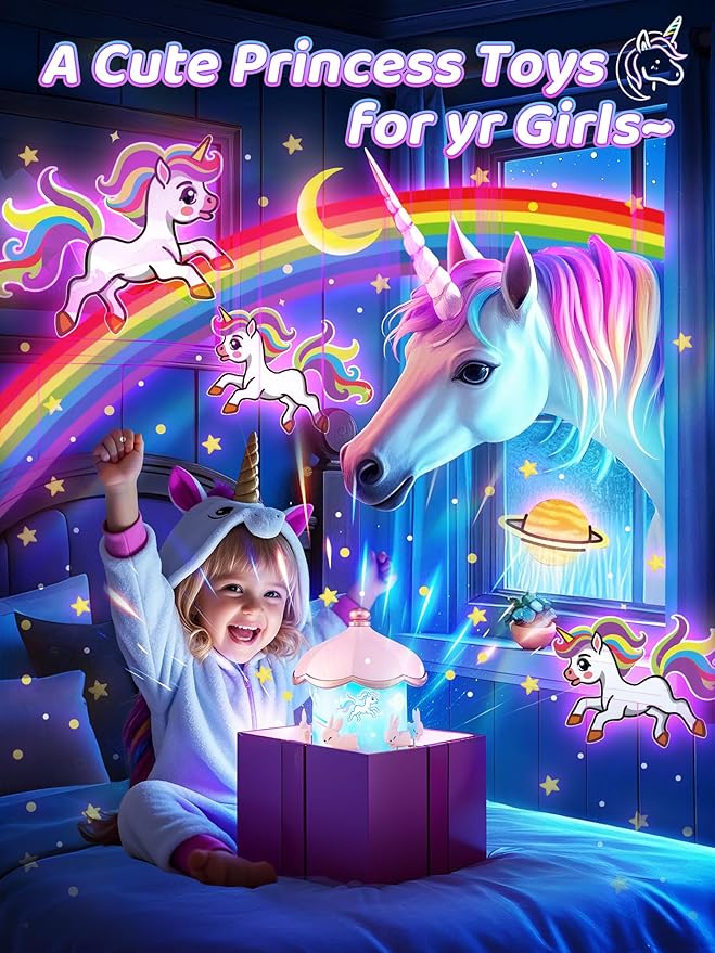Carousel Night Light for Kids, 15 Music+15 Films+315 Colors Star Projector for Kids Night Light Projector,360°+Remote+1200mah Unicorn Toys for Girls Room Decor, Valentines Gifts for Kids, Girls, Baby
