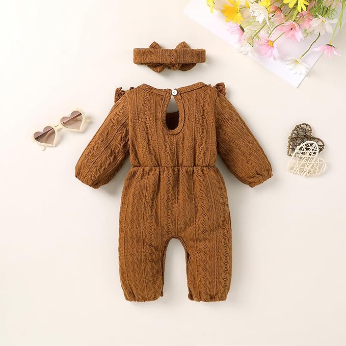 Happy Town Baby Girl Romper Infant Fall Winter Clothes Ruffle Sweater Long Sleeve Bodysuit Jumpsuit and Headband