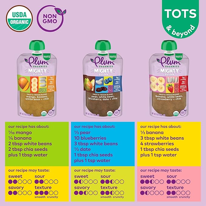 Plum Organics - 12+ Months Organic Baby Food Variety Pack - 3 Flavors - Non-GMO - Fruit & Veggie Blends On-The-Go Pouches for Baby and Toddler Meals - Quality Tested Ingredients - 4 oz (Pack Of 18)