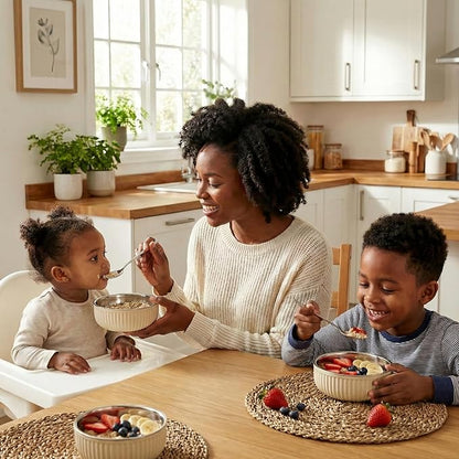 Monkey Proof™ Non-Toxic Stainless Steel Child Bowl 5” with Non-Slip Grooved Silicone Shell, (Set of 4 bowls) Unbreakable, Mess Free Feeding for Babies, Toddlers, Kids, BPA free (Sand Grooved)