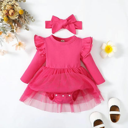 Baby Girl Clothes Infant Ruffle Sleeve Romper Dress Newborn Solid Tutu Skirt Sets Jumpsuit Headband Outfit