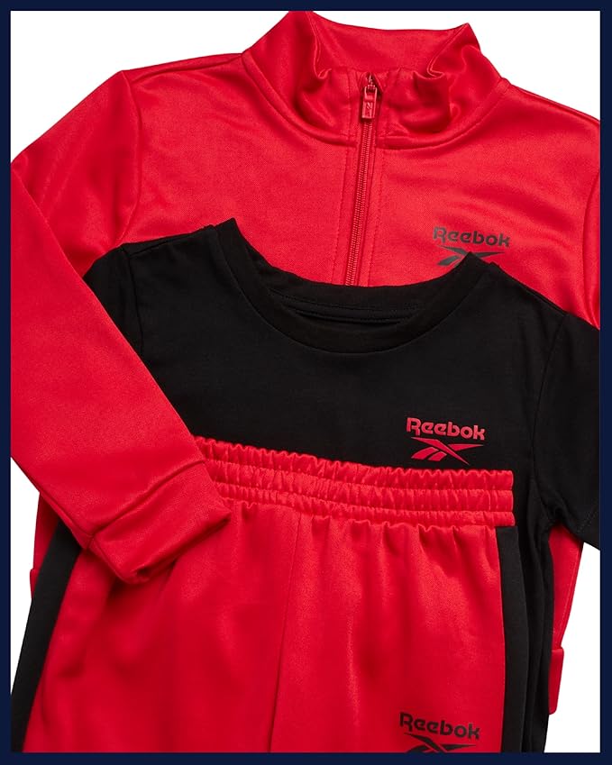 Reebok Baby Boy Pants Set - 3 Piece Tricot Fleece Jogger Pants Short Sleeve T Shirt & Track Jacket for Toddlers & Infants