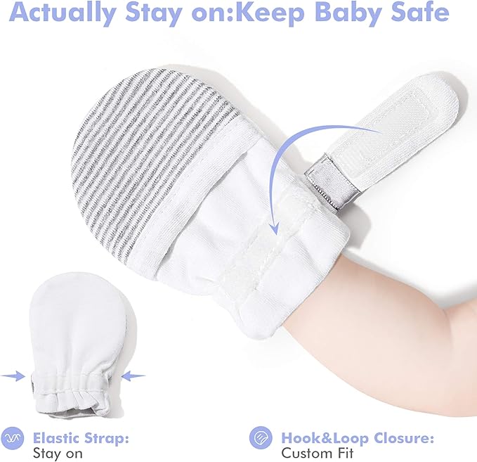 HAPIU Baby No Scratch Mittens Stay On, 100% Cotton Breathable, Adjustable Infant Gloves for Boys Girls, Newborn - 12 M