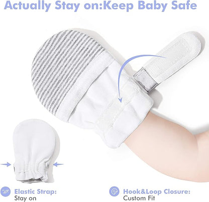 HAPIU Baby No Scratch Mittens Stay On, 100% Cotton Breathable, Adjustable Infant Gloves for Boys Girls, Newborn - 12 M