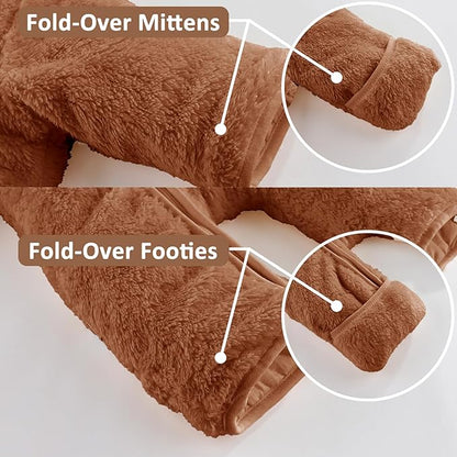 Newborn Baby Bear Outfit With Fold-Over Mittens and Footies Girls Boys Winter Fleece Clothes Hooded Romper Snowsuit