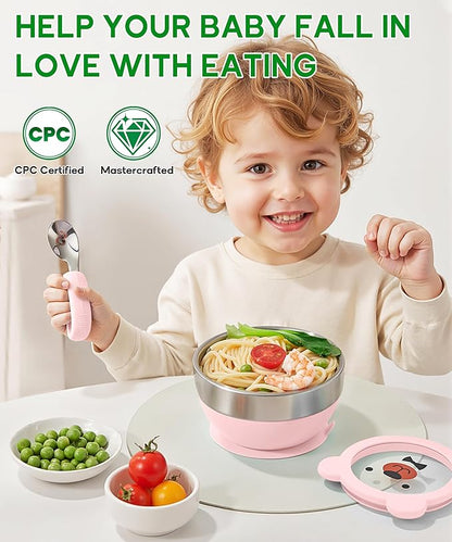 Suction Bowl and Spoon Set for Babies and Toddlers Non-Slip Silicone Suction Cups, Advanced 304 Stainless Steel Bowls, Double-Layer Insulation, and BPA-Free Lids Food-Grade Safety PINK