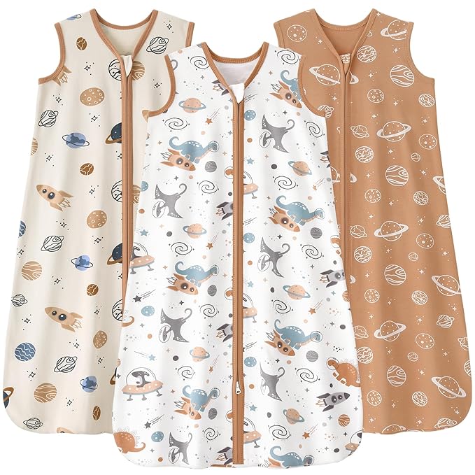 Baby Sleep Sack 18-24 months, 100% Cotton Sleeping Sack for Newborn and Infant, 3 Pack Baby Wearable Blanket for Boy and Girl, 0.5 Tog Lightweight Double Zipper Sleep Bag Coffee Dinosaur Planet