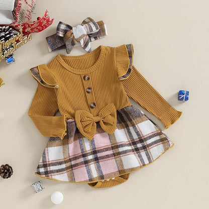 Hnyenmcko Newborn Baby Girl Christmas Clothes Infant Red Plaid Romper Dress Ruffle Long Sleeve Ribbed Bodysuit Headband Set