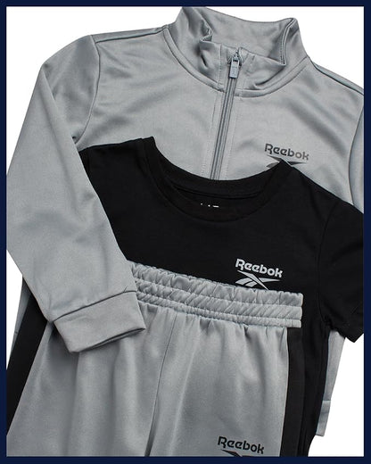Reebok Baby Boy Pants Set - 3 Piece Tricot Fleece Jogger Pants Short Sleeve T Shirt & Track Jacket for Toddlers & Infants