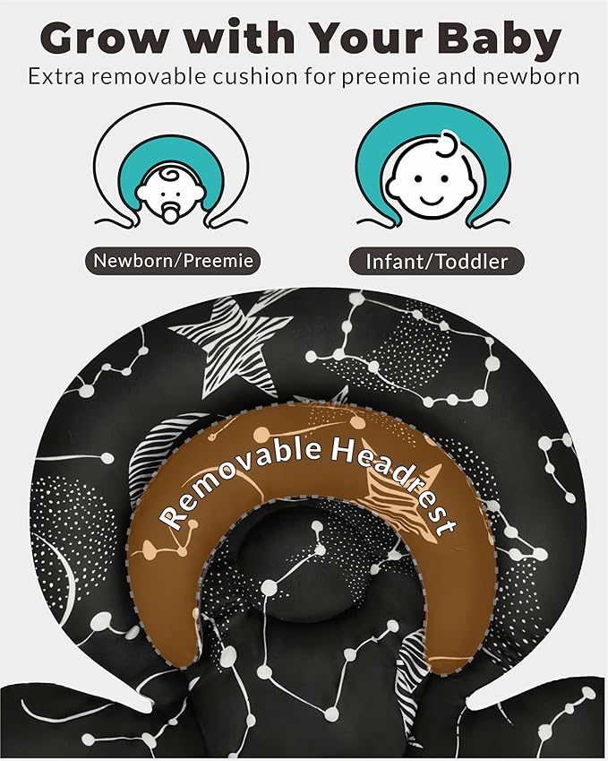 Infant Car Seat Insert with Removable Cushion for Preemie to Toddler, Reversible Newborn Carseat Insert for Baby Head Body Support, Fits for Stroller, Baby Swing, Bouncer (Black Star)