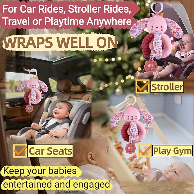 Baby Stroller Hanging Car Seat Toys for Infants 0-6 Months Girl Boy 0-3-4-5-7 6-12 Month Old Newborn Gifts, Carseat Christmas Stocking Stuffers Sensory Toy for Babies Play Gym Rattle, Crinkle