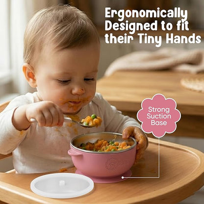 o'doe Baby Bowls with Lids – Stainless Steel Baby Feeding Bowls with Suction | Non-Slip Toddler Bowls for Self Feeding | BPA-Free Kids Bowls for Babys Food & Snacks | Stainless Steel Bowls Kids