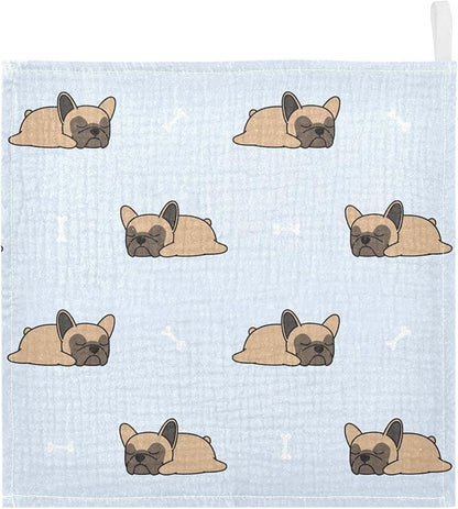 vvfelixl Baby Muslin Washcloths Cute French Bulldog Sleeping Baby Burp Cloths Cotton Baby Face Towel for Newborn Infants Boys Girls Soft and Absorbent 11.8 X 11.8 in, 3 Pack