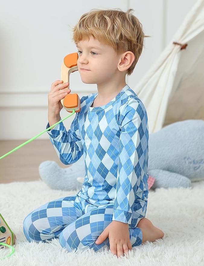 JunNeng Bamboo Viscose Pajamas for Toddler Boys, Baby Kids Diamond Pajamas Snug Fit Long Sleeve Sleeper