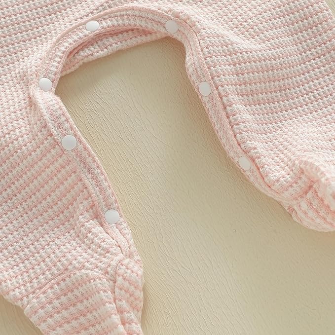 Gaono Newborn Baby Girl Romper Waffle Knit Striped Long Sleeve Doll Collar Heart Bow Jumpsuit Bodysuit Fall Winter Clothes