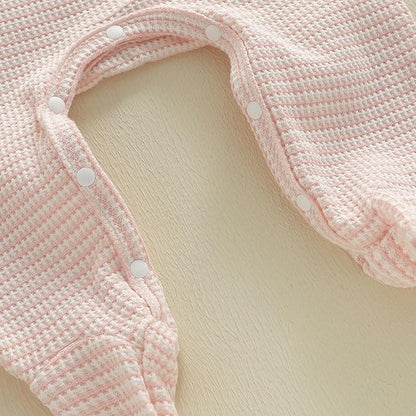 Gaono Newborn Baby Girl Romper Waffle Knit Striped Long Sleeve Doll Collar Heart Bow Jumpsuit Bodysuit Fall Winter Clothes