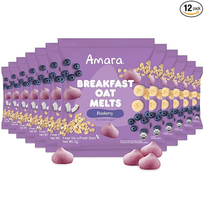 Amara Breakfast Oat Melts - Organic Toddler Snack - Single Serve Fiber-Packed Oat Bites with Real Fruit, No Added Sugar, Quick Dissolving, Blueberry - 12 Pack