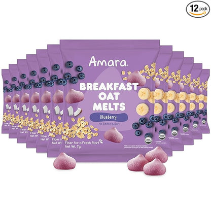 Amara Breakfast Oat Melts - Organic Toddler Snack - Single Serve Fiber-Packed Oat Bites with Real Fruit, No Added Sugar, Quick Dissolving, Blueberry - 12 Pack