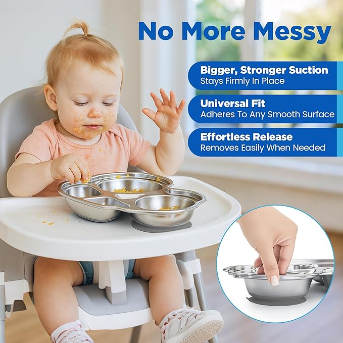 Stainless Steel Baby Suction Plates: Divided Plates Designed for Babies and Toddlers, Made of 100% Food-Grade Materials Ideal for Baby-Led Weaning BPA-Free Toddler Feeding Dishwasher Safe Gray