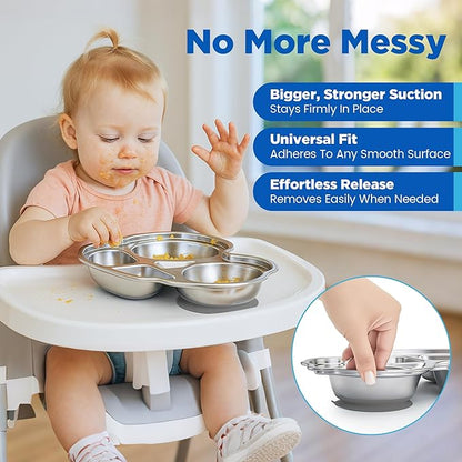 Stainless Steel Baby Suction Plates: Divided Plates Designed for Babies and Toddlers, Made of 100% Food-Grade Materials Ideal for Baby-Led Weaning BPA-Free Toddler Feeding Dishwasher Safe Gray