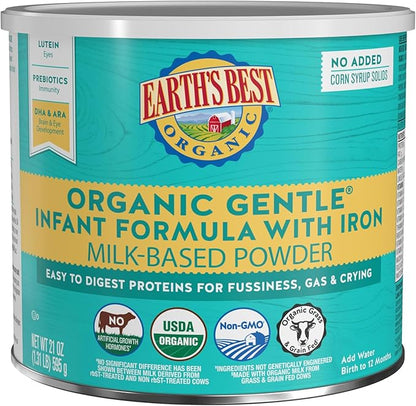 Earth's Best Organic Baby Formula, Gentle Infant Formula for 0-12 Months, Milk-Based Powder with Iron, Omega-3 DHA & Omega-6 ARA, 21 Ounce Container