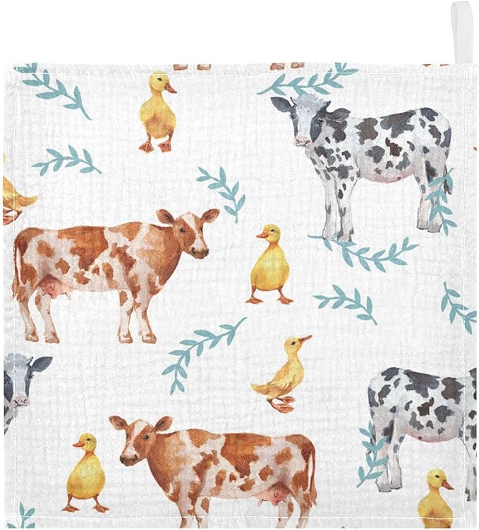 vvfelixl Baby Muslin Washcloths Farm Animals Cows Duckling Baby Burp Cloths Cotton Baby Face Towel for Newborn Infants Boys Girls Soft and Absorbent 11.8 X 11.8 in, 3 Pack