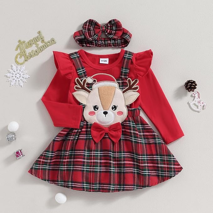 Hnyenmcko Newborn Baby Girl Christmas Clothes Infant Red Plaid Romper Dress Ruffle Long Sleeve Ribbed Bodysuit Headband Set