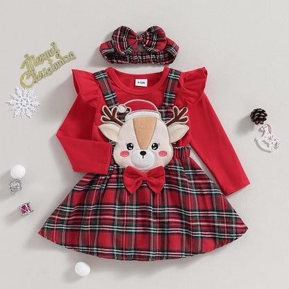 Hnyenmcko Newborn Baby Girl Christmas Clothes Infant Red Plaid Romper Dress Ruffle Long Sleeve Ribbed Bodysuit Headband Set