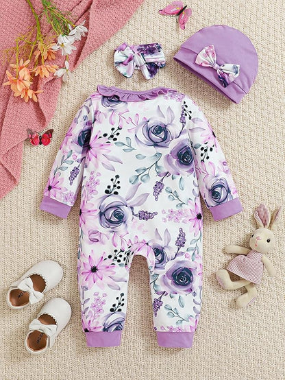 Newborn Baby Girl Clothes Infant Floral Print One-Piece Romper+Jumpsuit+Bodysuit+Hat+Headband