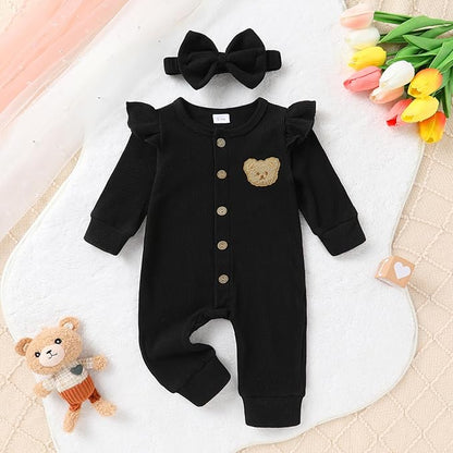 Newborn Baby Girl Cute Bear Ruffle Long Sleeve Jumpsuit Ribbed Bodysuit One-Piece Button Romper with Headband 0-18M