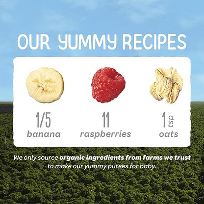 Happy Baby Organics Clearly Crafted Stage 2 Baby Food, Bananas, Raspberries & Oats (Pack of 16) & Happy Tot Organics Super Morning Stage 4, Apple Cinnamon, Yogurt, Oats Pack of 8)