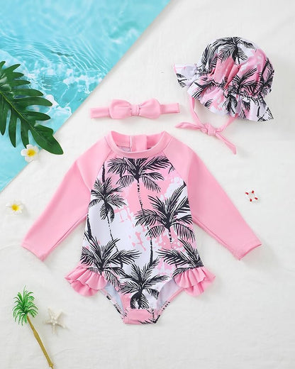 Renotemy Baby Girls Swimsuit Summer Infant Girl Bathing Suit Zipper Long Sleeve One-Piece Rash Guard Swimwear with Hat 3M-3Y