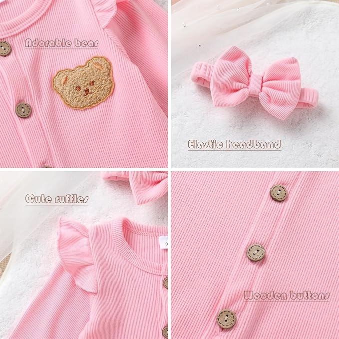Newborn Baby Girl Cute Bear Ruffle Long Sleeve Jumpsuit Ribbed Bodysuit One-Piece Button Romper with Headband 0-18M