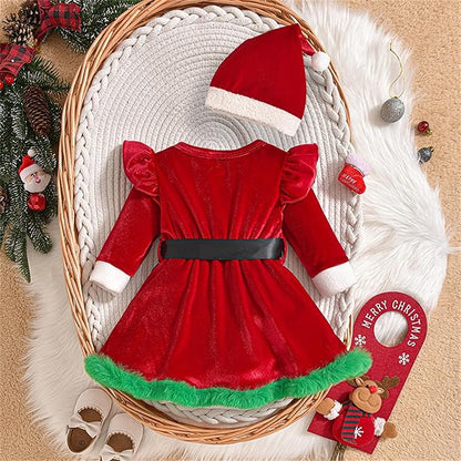 Newborn Infant Baby Girl Christmas Clothes Santa Claus Romper Dress Fur Trim Velvet Jumpsuit Bodysuit Hat Costume
