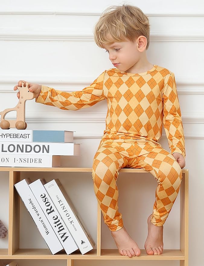 JunNeng Bamboo Viscose Pajamas for Toddler Boys, Baby Kids Diamond Pajamas Snug Fit Long Sleeve Sleeper