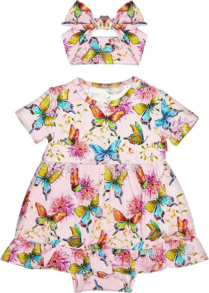 Infant Baby Girl Bodysuit Dress with Hairband Set, Bamboo Viscose Summer Clothes Outfit