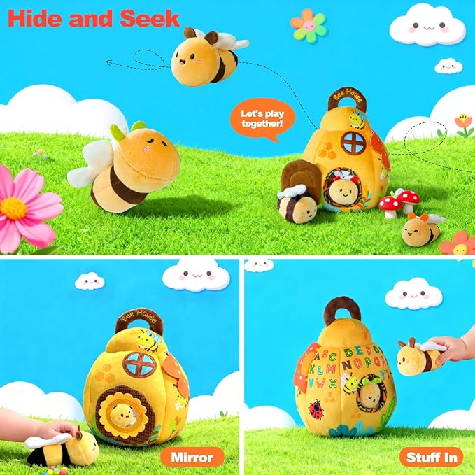 Baby Toys for Baby Infant 0-3-6-12 Months, Soft Beehive Toddlers Busy Toys with 5 Sensory Plush Bees - Bells, Crinkle, Rattles, Mirror & Textures, Stuffed Animals for Boy, Girl Christmas Birthday Gift