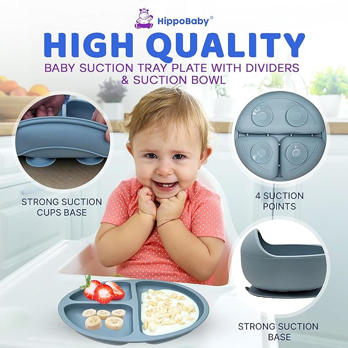 Baby Led Weaning Supplies | 10 Piece Silicone Baby Feeding Set | Baby Toddler Bib Cup Divided Plate and Bowl Self Feeding Spoons Dish Set | Baby Utensils | Toddler Feeding Supplies (Sky)