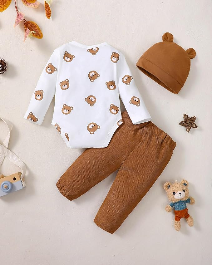 Baby Boy Clothes Infant Newborn Fall Winter Outfits Long Sleeve Letter Print Romper + Hat + Pants Set