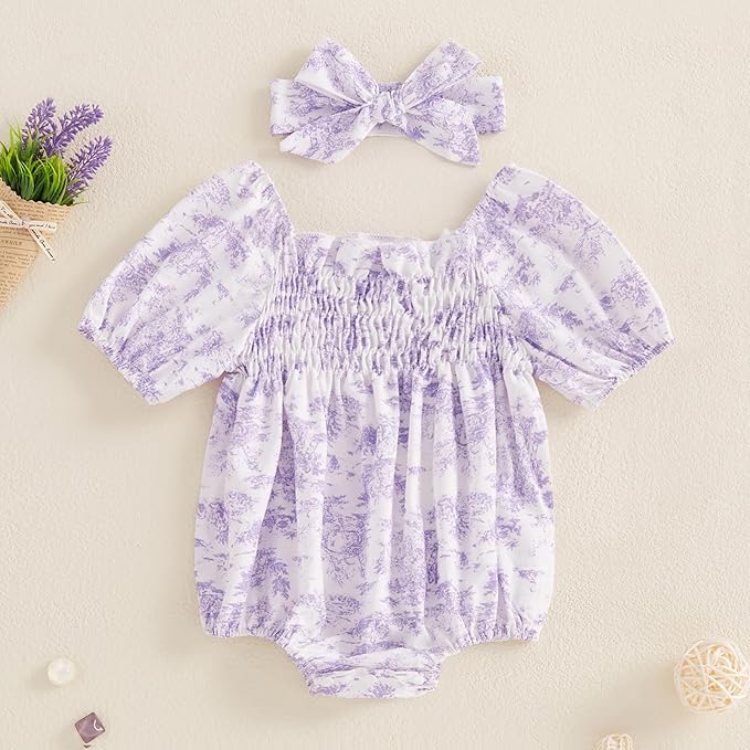 Infant Baby Girls Romper Floral Ruffle Sleeve Pleated Smocked Bubble One Piece Ruched Jumpsuit Summer Bodysuit