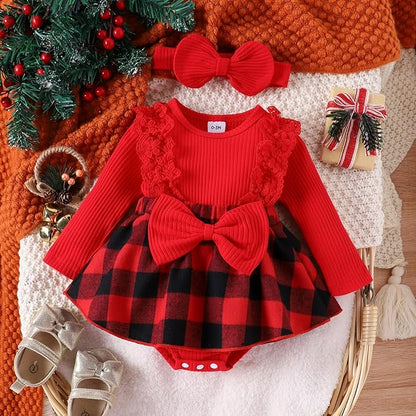 Newborn Christmas Outfit Baby Girl Plaid Romper Dress Infant Ruffle Long Sleeve Ribbed Bodysuit Headband Clothes