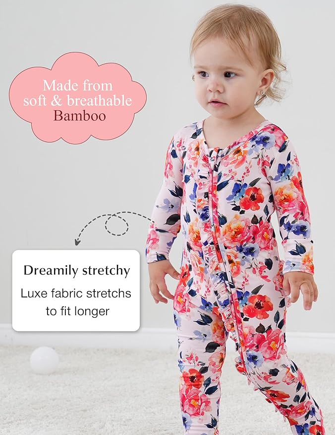 Bamboo Viscose Baby Girl Footie Pajamas, Newborn Sleepers Infant Onesie, 2-Way Zipper Footed Pjs
