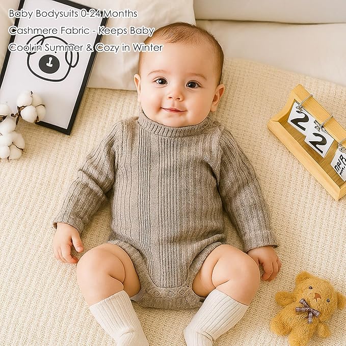 DEFAHN Baby Turtleneck Bodysuit Long Sleeve Boy Girl Ribbed Knit Jumpsuit Outfit 2 Pack Baby Solid Onsies 0-24 Months
