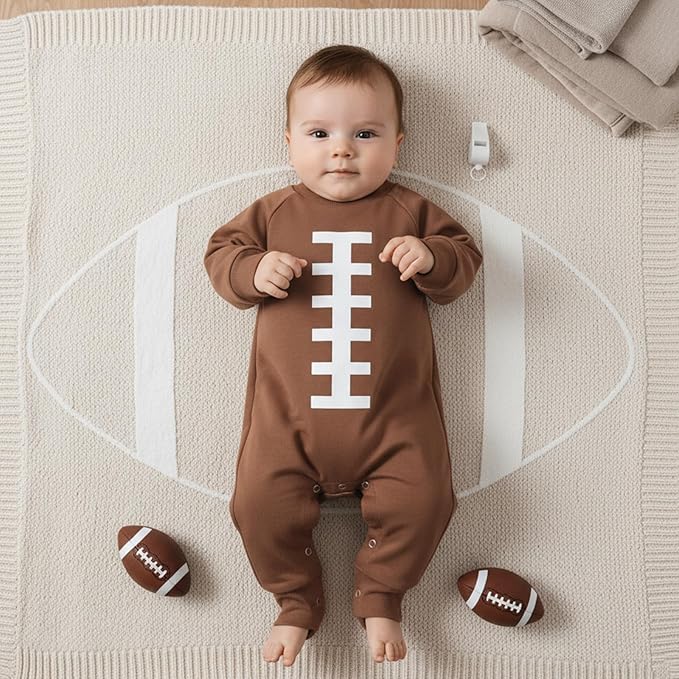 allshope Newborn Baby Boy Girl Fall Outfit Romper Sweatshirt Football Rugby Print Onesie Jumpsuit Bodysuit Infant Clothes