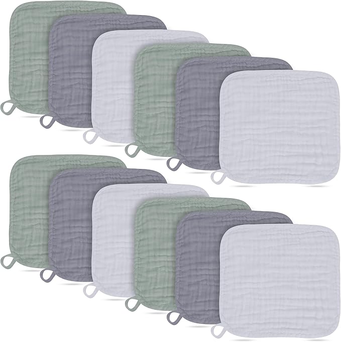 Baby Washcloths -100% Cotton Muslin Soft Baby Bath Wash Cloths and Absorbent Baby Wipes for Newborns Kids Girls and Boys - 12 Pack, 12x12 Inches - Grey, Green, Slate